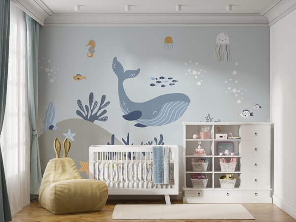 Carta da parati Balena e pesce sott'acqua, Carta da parati per Bambini, Carta da parati popolare, u94308 - Tapeko.it