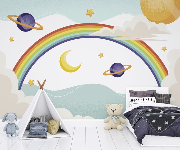 Carta da parati Arcobaleno con pianeti e stelle, Carta da parati per Bambini, Carta da parati popolare, u94327 - Tapeko.it