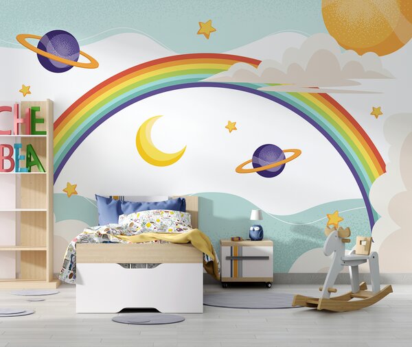 Carta da parati Arcobaleno con pianeti e stelle, Carta da parati per Bambini, Carta da parati popolare, u94327 - Tapeko.it