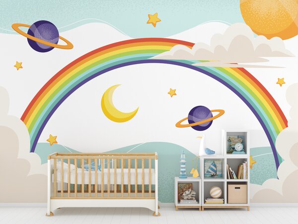 Carta da parati Arcobaleno con pianeti e stelle, Carta da parati per Bambini, Carta da parati popolare, u94327 - Tapeko.it