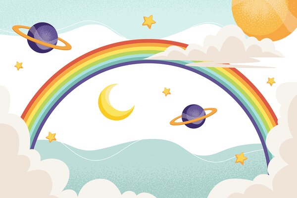 Carta da parati Arcobaleno con pianeti e stelle, Carta da parati per Bambini, Carta da parati popolare, u94327 - Tapeko.it