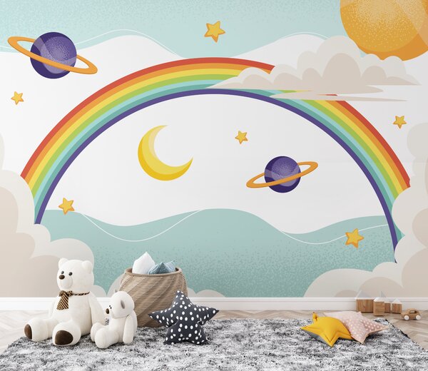 Carta da parati Arcobaleno con pianeti e stelle, Carta da parati per Bambini, Carta da parati popolare, u94327 - Tapeko.it