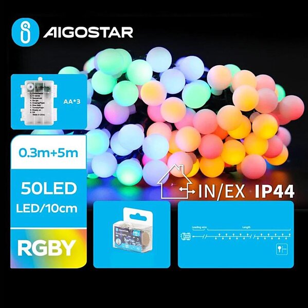 Aigostar - Catena luminosa natalizia LED per esterni 50xLED/3xAA/8 funzioni 5,3 m IP44 multicolore