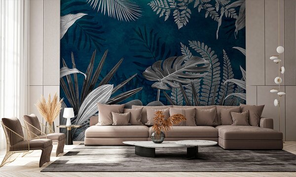 Carta da parati Foglie tropicali su sfondo blu in stile grunge, Carta da parati Natura, u94419 : Uwalls.it