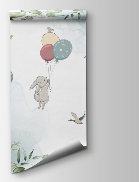 Carta da parati Gruppo di coniglietti con palloncini in mano, Carta da parati per Bambini, Carta da parati popolare, u94447 - Tapeko.it