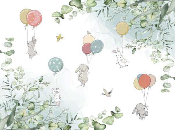 Carta da parati Gruppo di coniglietti con palloncini in mano, Carta da parati per Bambini, Carta da parati popolare, u94447 - Tapeko.it