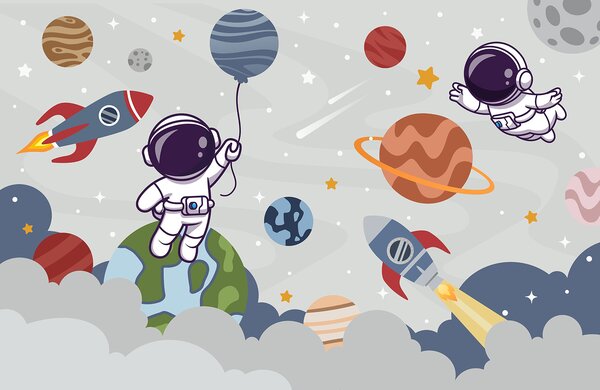 Carta da parati Cartone animato astronauta nello spazio con pianeti e razzo che vola nel cielo, Carta da parati per Bambini, Carta da parati popolare, u94476 - Tapeko.it