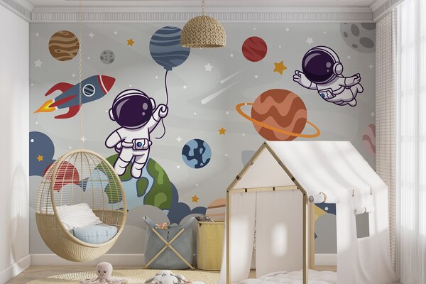 Carta da parati Cartone animato astronauta nello spazio con pianeti e razzo che vola nel cielo, Carta da parati per Bambini, Carta da parati popolare, u94476 - Tapeko.it
