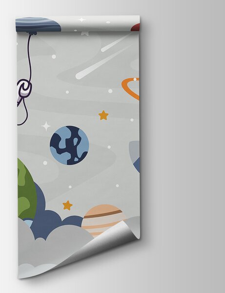 Carta da parati Cartone animato astronauta nello spazio con pianeti e razzo che vola nel cielo, Carta da parati per Bambini, Carta da parati popolare, u94476 - Tapeko.it