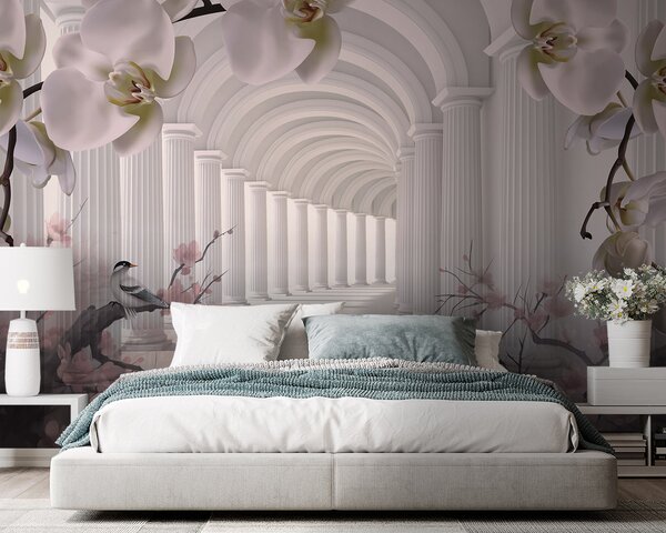 Carta da parati Bellissimo tunnel con uccelli e orchidee, Carta da parati 3D, Carta da parati Fiori 3D, u94513 : Uwalls.it