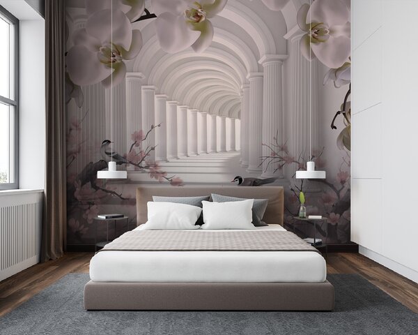 Carta da parati Bellissimo tunnel con uccelli e orchidee, Carta da parati 3D, Carta da parati Fiori 3D, u94513 : Uwalls.it