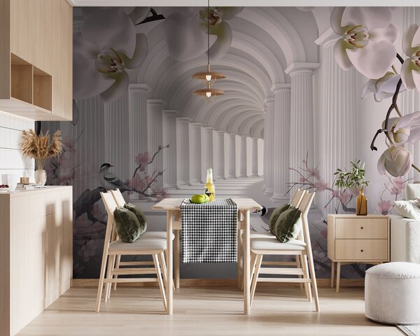 Carta da parati Bellissimo tunnel con uccelli e orchidee, Carta da parati 3D, Carta da parati Fiori 3D, u94513 : Uwalls.it