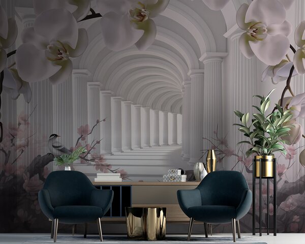 Carta da parati Bellissimo tunnel con uccelli e orchidee, Carta da parati 3D, Carta da parati Fiori 3D, u94513 : Uwalls.it