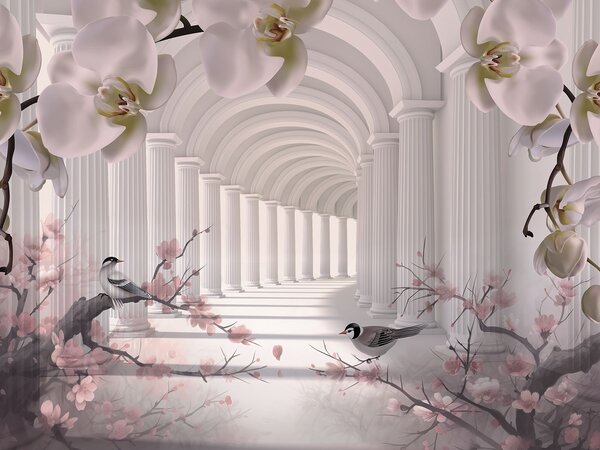 Carta da parati Arco bianco con colonne e uccelli bianchi, Carta da parati 3d fiori, Carta da parati popolare, u94513 - Tapeko.it