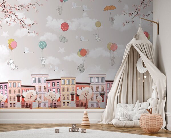 Carta da parati Città con alberi e palloncini, Carta da parati per Bambini, Carta da parati popolare, u94605 - Tapeko.it