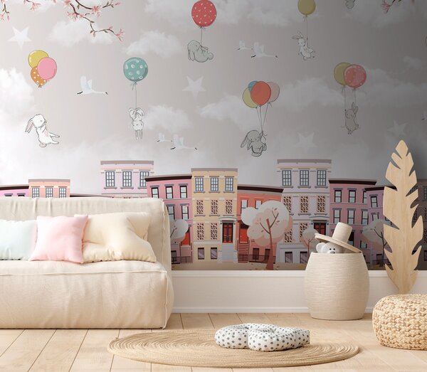 Carta da parati Città con alberi e palloncini, Carta da parati per Bambini, Carta da parati popolare, u94605 - Tapeko.it