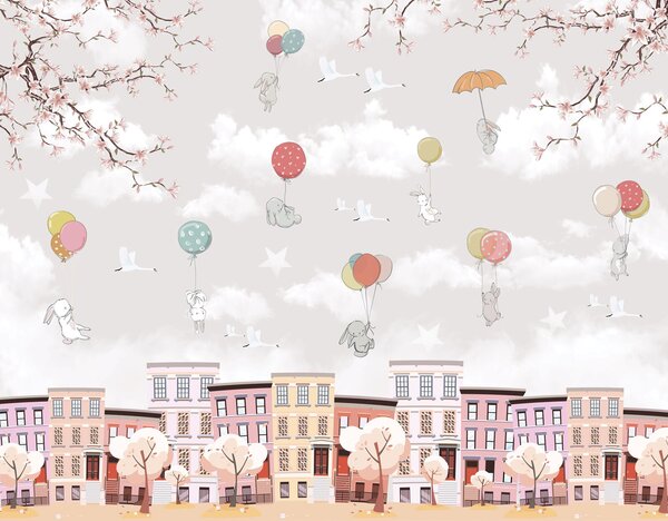 Carta da parati Città con alberi e palloncini, Carta da parati per Bambini, Carta da parati popolare, u94605 - Tapeko.it