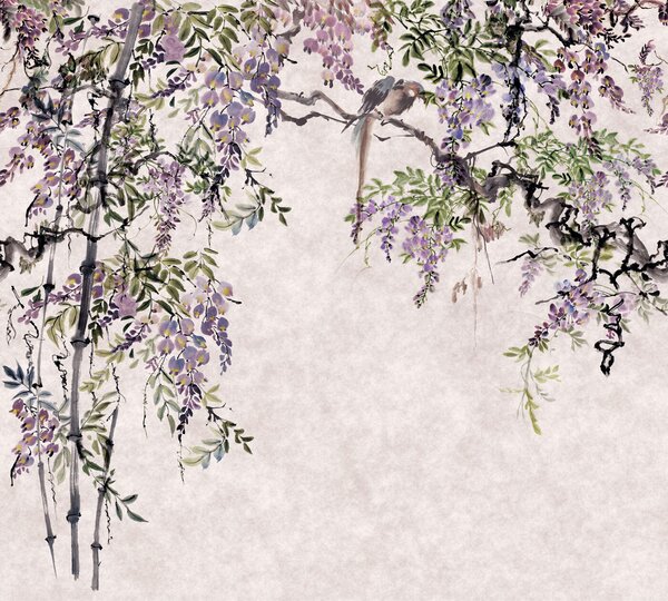 Carta da parati Pittura di un albero con fiori viola, Carta da parati Floreale, Carta da parati popolare, u94621 - Tapeko.it