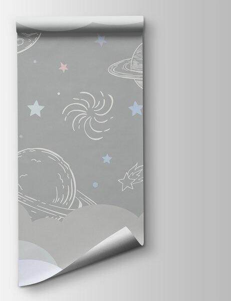 Carta da parati Sfondo grigio con nuvole e razzi, Carta da parati per Bambini, Carta da parati popolare, u94636 - Tapeko.it