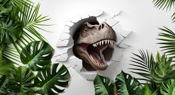 Carta da parati Testa di dinosauro che esce da un buco nel muro, Carta da parati 3d, Carta da parati popolare, u94772 - Tapeko.it