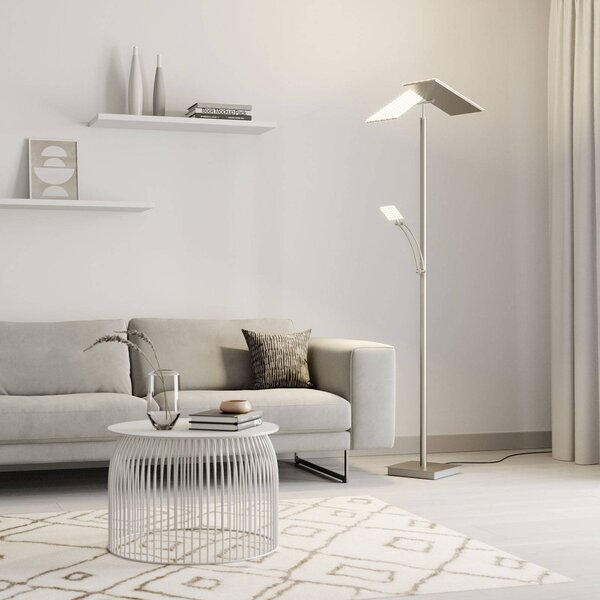 Lampada da terra con luce lettura Parthena Lucande, dimmerabile, Alluminio / Grigio / Zincato, Soggiorno / Sala da pranzo, Metallo, Moderno, Lampada LED da terra