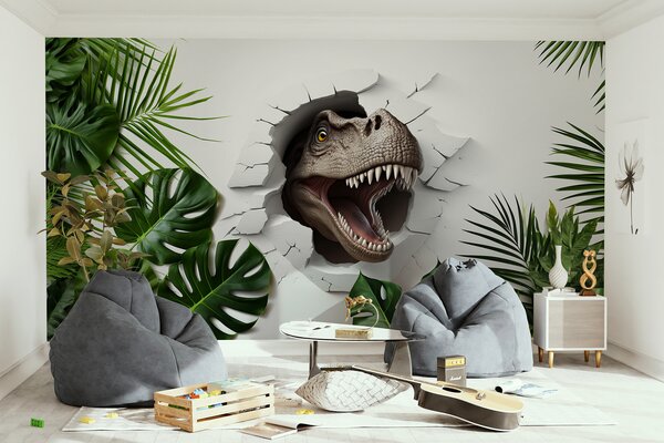 Carta da parati Testa di dinosauro che esce da un buco nel muro, Carta da parati 3d, Carta da parati popolare, u94772 - Tapeko.it