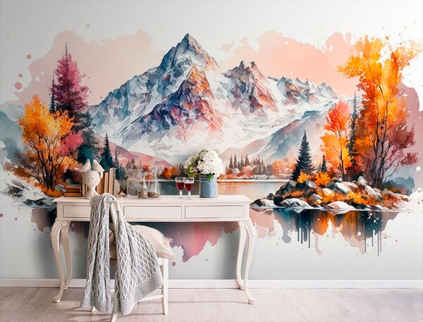 Carta da parati Paesaggio autunnale di montagna dell'acquerello con neve sulle cime, Carta da parati Foresta, u94782 : Uwalls.it
