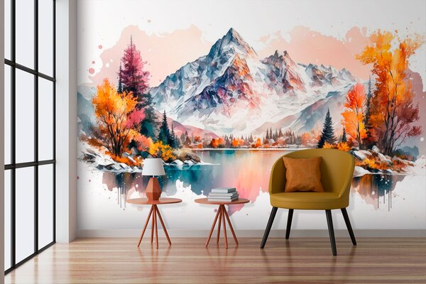 Carta da parati Paesaggio autunnale di montagna dell'acquerello con neve sulle cime, Carta da parati Foresta, u94782 : Uwalls.it
