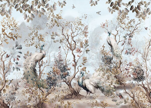 Carta da parati Pittura di pavoni in una foresta, Carta da parati Natura, Carta da parati popolare, u94849 - Tapeko.it