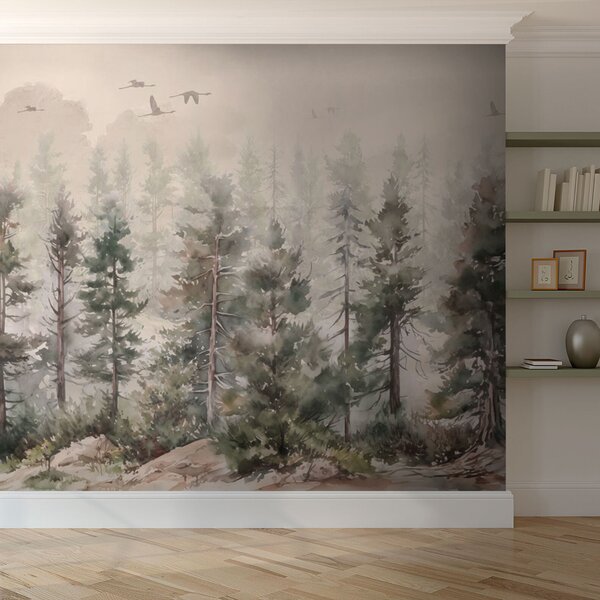 Carta da parati Acquerello di alberi e uccelli in volo su una foresta nebbiosa, Carta da parati Foresta, Carta da parati popolare, u94848 - Tapeko.it