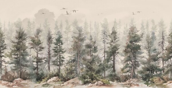 Carta da parati Acquerello di alberi e uccelli in volo su una foresta nebbiosa, Carta da parati Foresta, Carta da parati popolare, u94848 - Tapeko.it