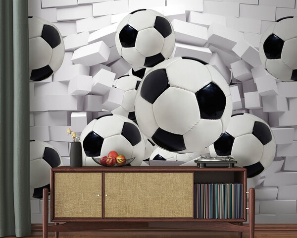 Carta da parati Gruppo di palloni da calcio che volano su un muro, Carta da parati per Bambini, Carta da parati popolare, u94958 - Tapeko.it