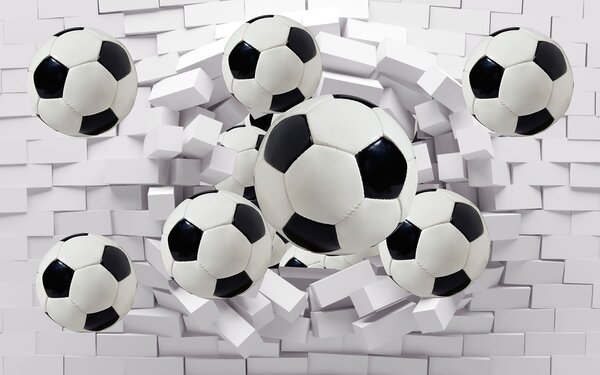 Carta da parati Gruppo di palloni da calcio che volano su un muro, Carta da parati per Bambini, Carta da parati popolare, u94958 - Tapeko.it