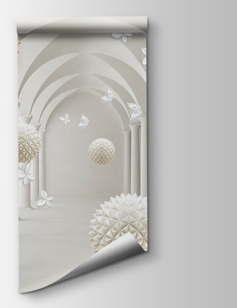Carta da parati Camera bianca con fiori bianchi e palline bianche, Carta da parati 3d, Carta da parati popolare, u94966 - Tapeko.it