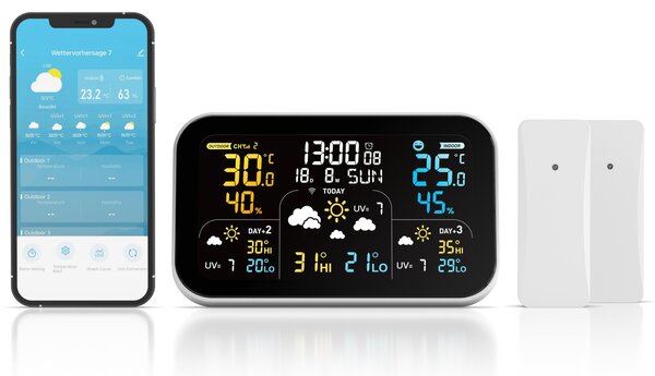 Stazione meteorologica WLAN Brandson con 2 sensori esterni, stazione meteorologica wireless compatibile con l'app Tuya Smart Life, previsioni del tempo per 3 giorni, schermo a colori, display confortevole, sveglia, 3 sveglie, colore nero