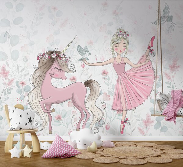 Carta da parati Unicorno e una ragazza, Carta da parati per Bambini, Carta da parati popolare, u95007 - Tapeko.it