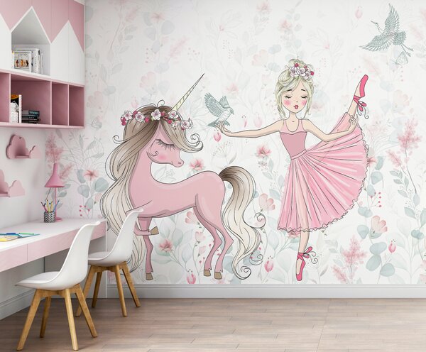 Carta da parati Unicorno e una ragazza, Carta da parati per Bambini, Carta da parati popolare, u95007 - Tapeko.it