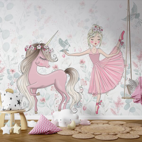 Carta da parati Unicorno e una ragazza, Carta da parati per Bambini, Carta da parati popolare, u95007 - Tapeko.it