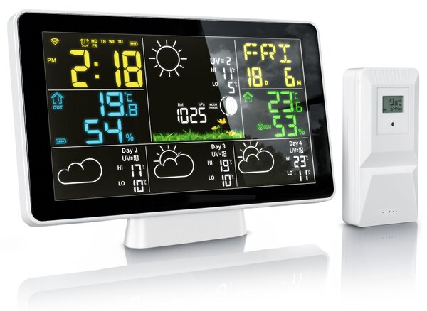 Stazione meteorologica wireless Brandson con sensore esterno, display a colori da 7,5 pollici, app Tuya Smart, barometro, igrometro, previsioni del tempo per 4 giorni, sveglia, fasi lunari, colore nero e bianco