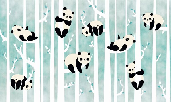 Carta da parati Panda su un albero, Carta da parati per Bambini, Carta da parati popolare, u95025 - Tapeko.it