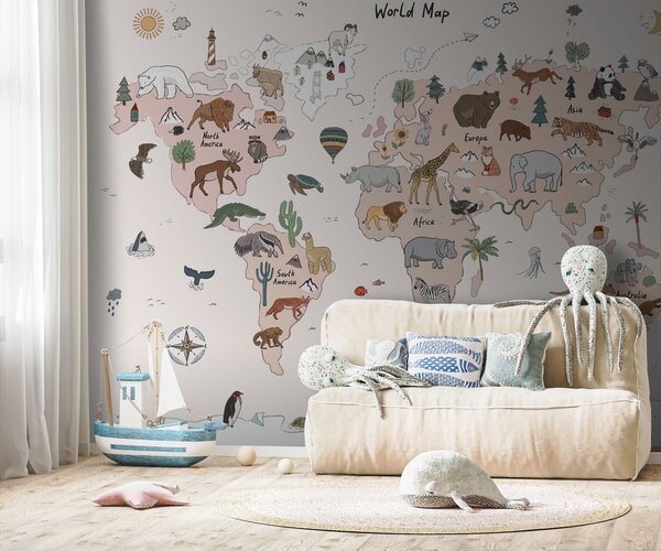 Carta da parati Mappa del mondo con animali, Carta da parati per Bambini, Carta da parati popolare, u95028 - Tapeko.it