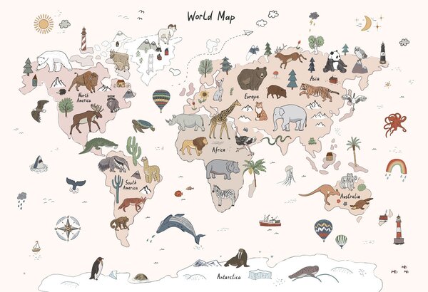 Carta da parati Mappa del mondo con animali, Carta da parati per Bambini, Carta da parati popolare, u95028 - Tapeko.it