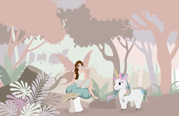 Carta da parati Vignetta di una donna seduta su un fungo con un unicorno, Carta da parati per Bambini, Carta da parati popolare, u95038 - Tapeko.it