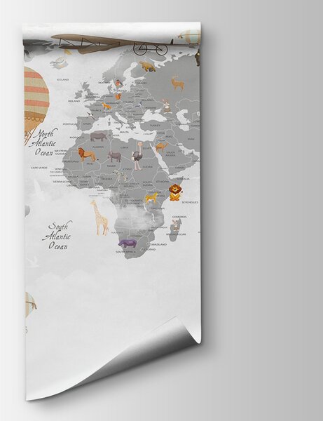 Carta da parati Mappa del mondo con animali e mongolfiere, Carta da parati per Bambini, Carta da parati popolare, u95040 - Tapeko.it