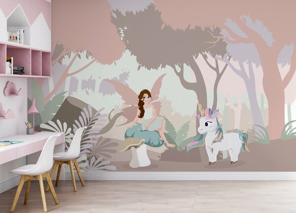 Carta da parati Vignetta di una donna seduta su un fungo con un unicorno, Carta da parati per Bambini, Carta da parati popolare, u95038 - Tapeko.it