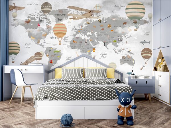 Carta da parati Mappa del mondo con animali e mongolfiere, Carta da parati per Bambini, Carta da parati popolare, u95040 - Tapeko.it