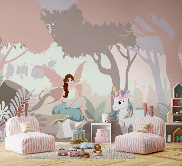 Carta da parati Vignetta di una donna seduta su un fungo con un unicorno, Carta da parati per Bambini, Carta da parati popolare, u95038 - Tapeko.it