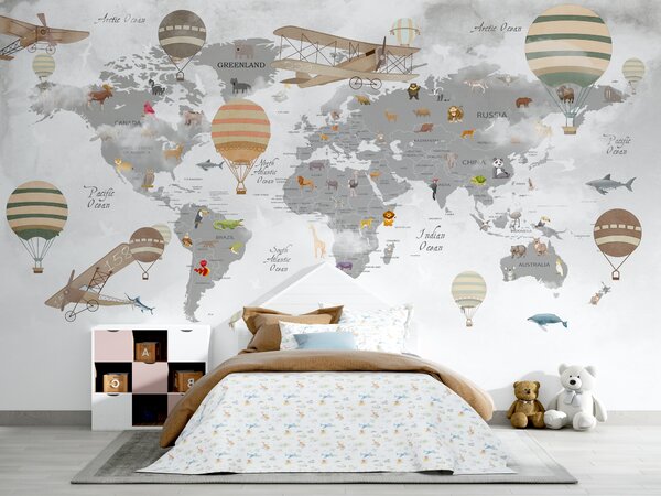 Carta da parati Mappa del mondo con animali e mongolfiere, Carta da parati per Bambini, Carta da parati popolare, u95040 - Tapeko.it