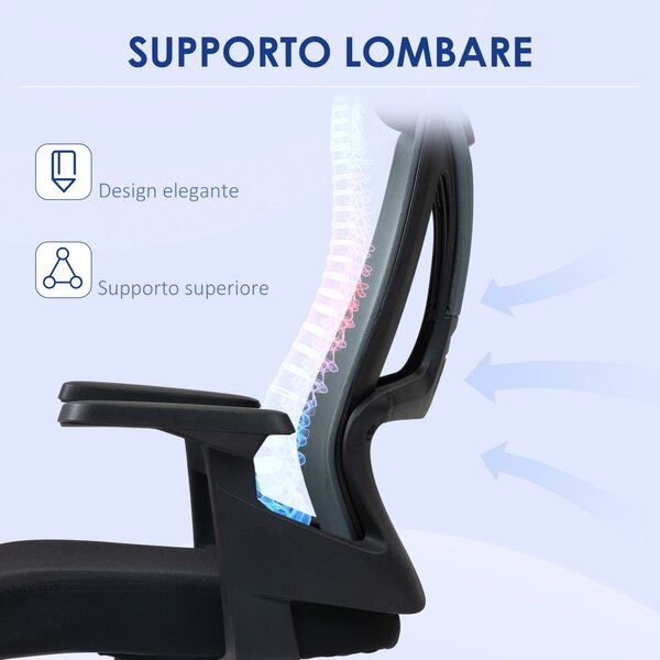 HOMCOM Sedia da Ufficio con Supporto Lombare e Poggiatesta, Seduta Girevole con Altezza Regolabile, Nero
