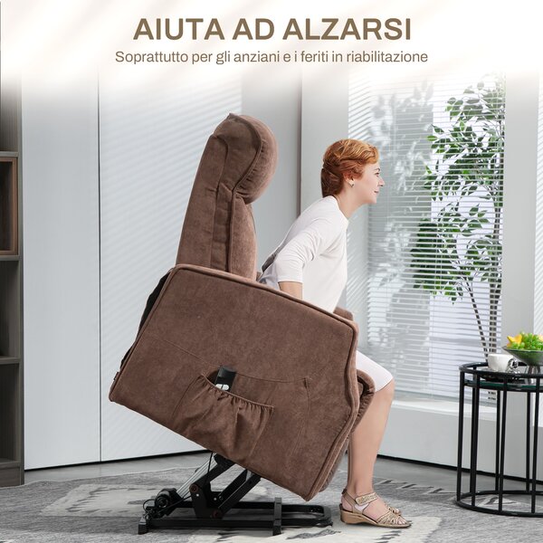 HOMCOM Poltrona Relax Alzapersona Reclinabile con 8 Punti Massaggio e poggiapiedi, Reclinazione a 135° e 2 Telecomandi, Marrone|Aosom Italy